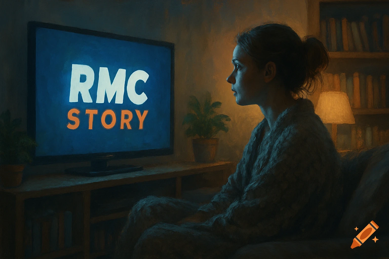 A woman watches a TV displaying 'RMC STORY' in a dimly lit, painterly room with a bookshelf and plant.