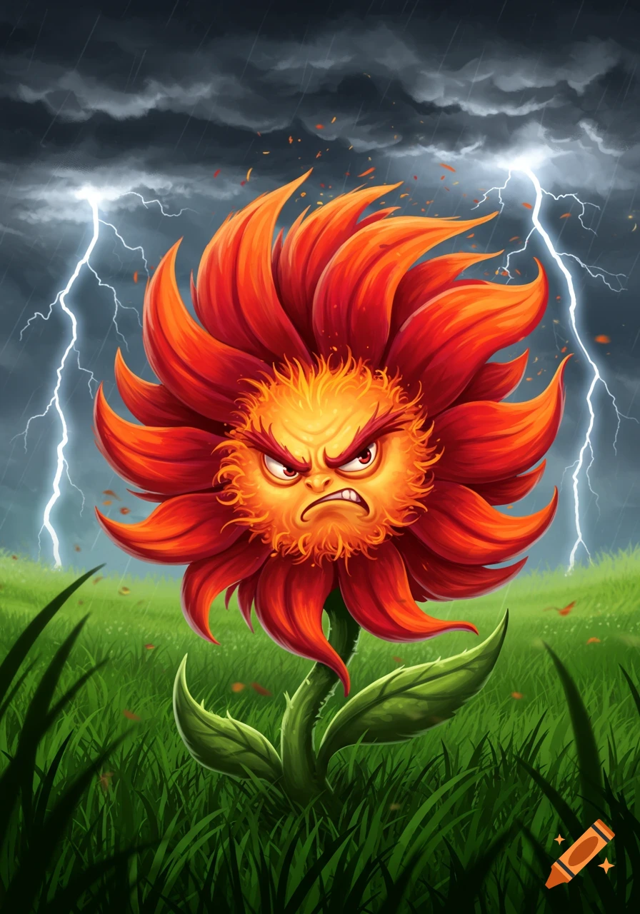Cartoon illustration of an angry red and orange flower in a green field with lightning striking a dark, stormy sky.