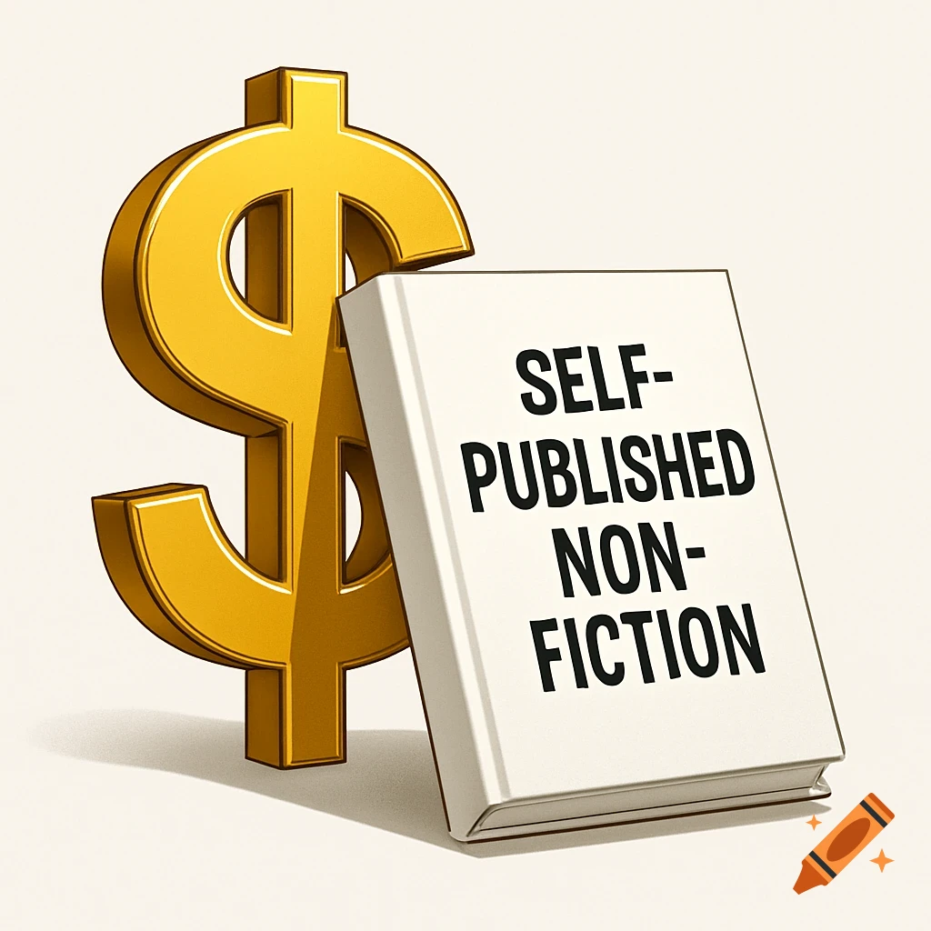 Golden dollar sign with a white book titled 'SELF-PUBLISHED NON-FICTION' leaning against it on a white background.