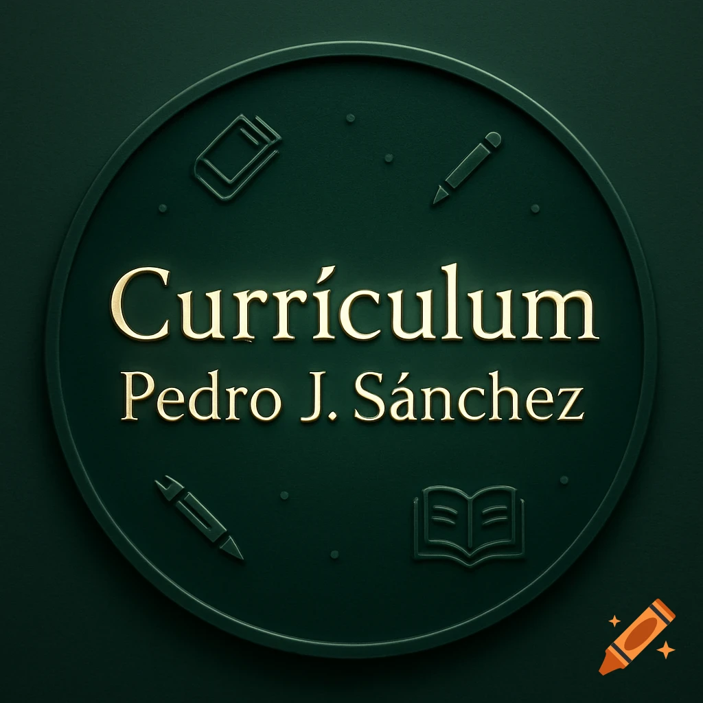 Dark green circular emblem with golden 'Currículum Pedro J. Sánchez' text, bordered by debossed icons of a paperclip, pen, and open book.