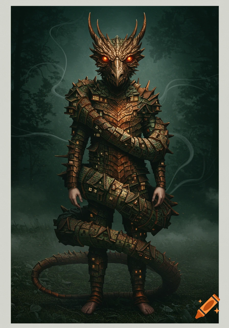 A person in an intricate dragon suit made of small houses with glowing red eyes stands in a dark, misty forest.