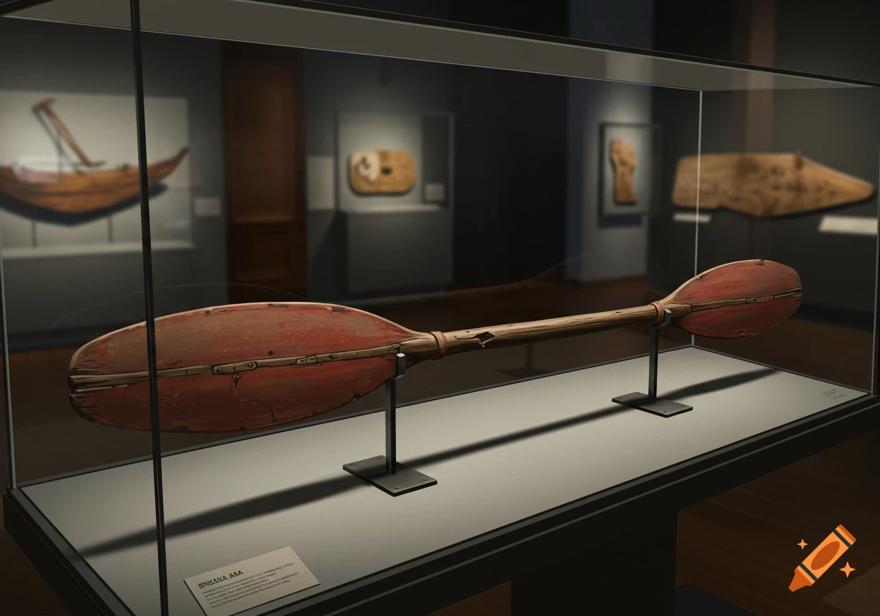 A red and wooden Viking snekkja oar displayed horizontally in a glass vitrine in a dimly lit museum.
