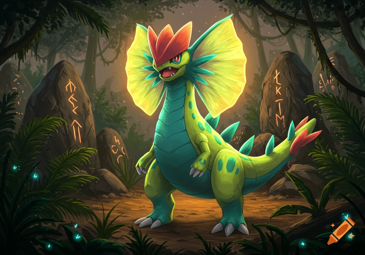 A green and blue, frilled, dinosaur-like Pokemon stands in a dark jungle with glowing runes on stones.