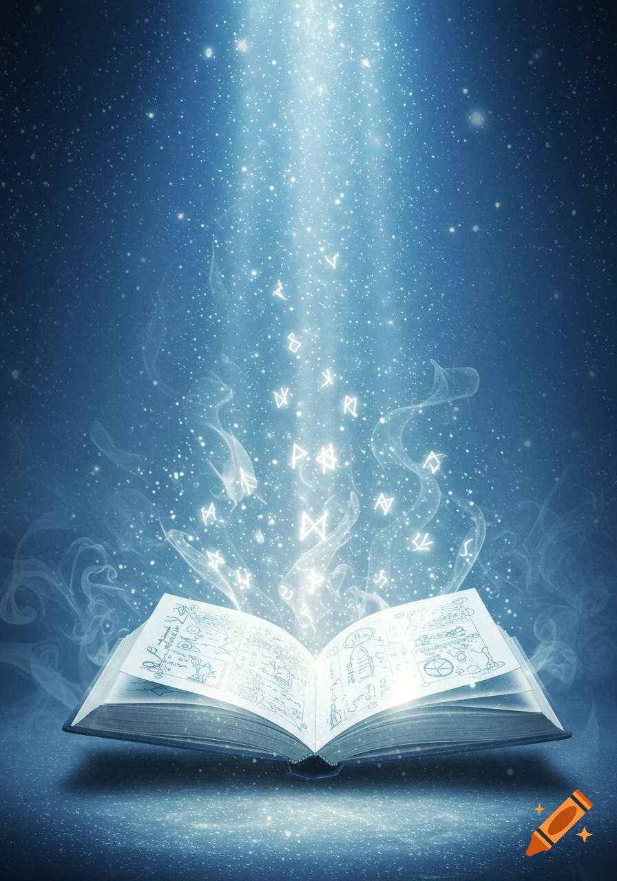 An open book glows brightly, emitting light and glowing symbols into a dark blue, starry background with faint diagrams on the pages.