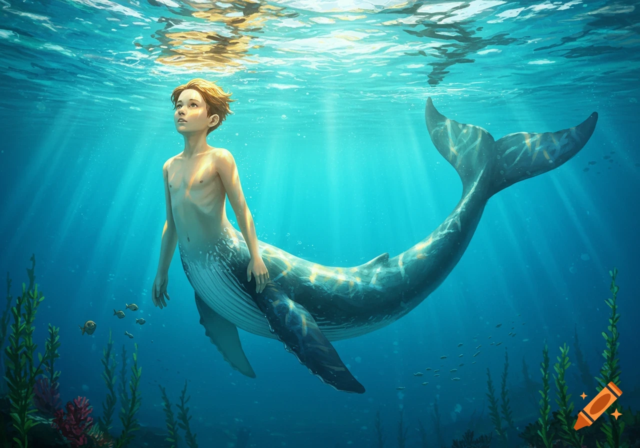 An illustrated fantasy image of a young boy with a whale tail swimming underwater, looking up towards light rays from the surface.