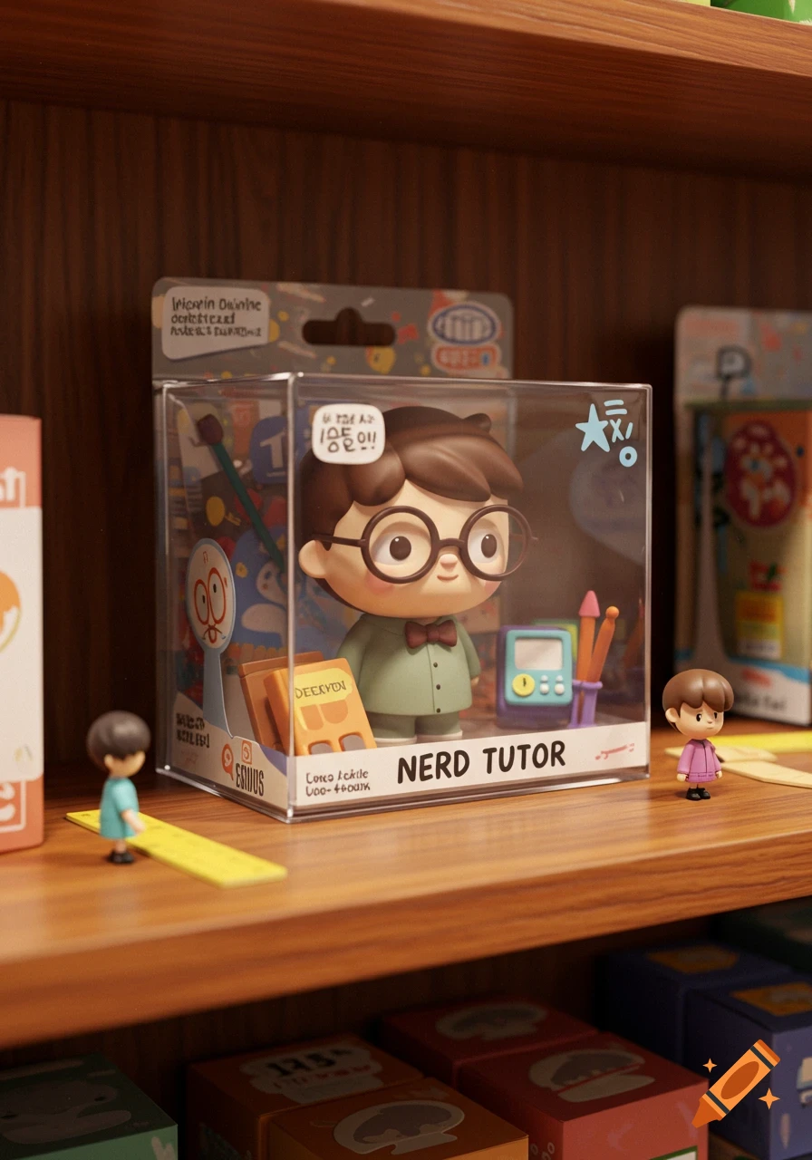 A cute, stylized 'Nerd Tutor' figure in a clear plastic package on a wooden store shelf, with other products.