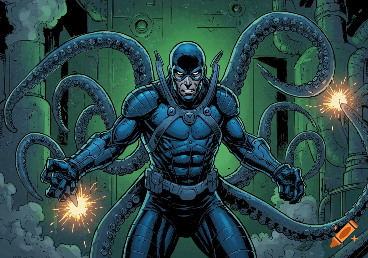 A comic art illustration of Doctor Squid, a villain in a blue armored suit with a masked face and multiple tentacles, creating sparks in an industrial setting.