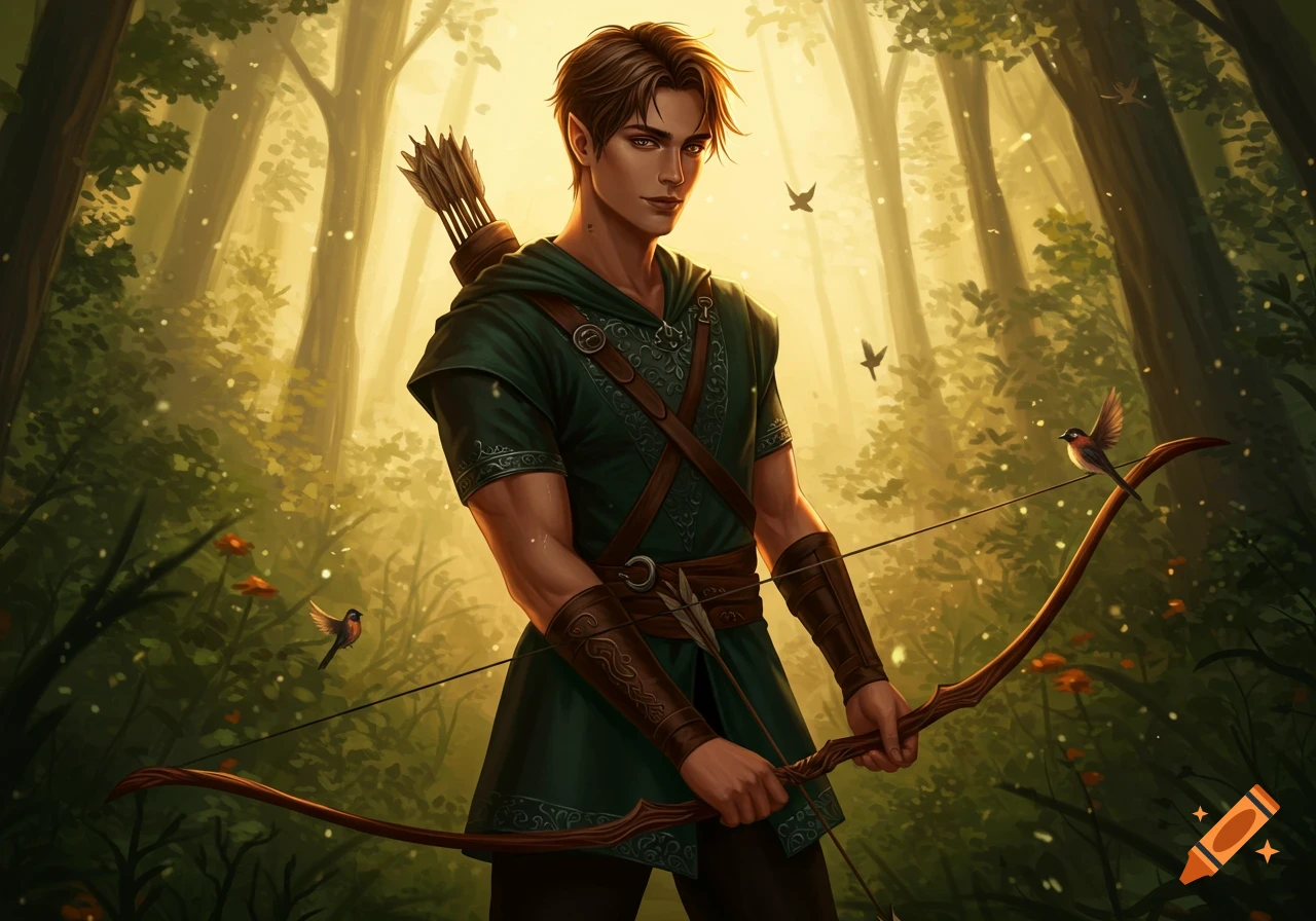 A handsome male elf archer in green, holding a bow in an enchanted sunlit forest.