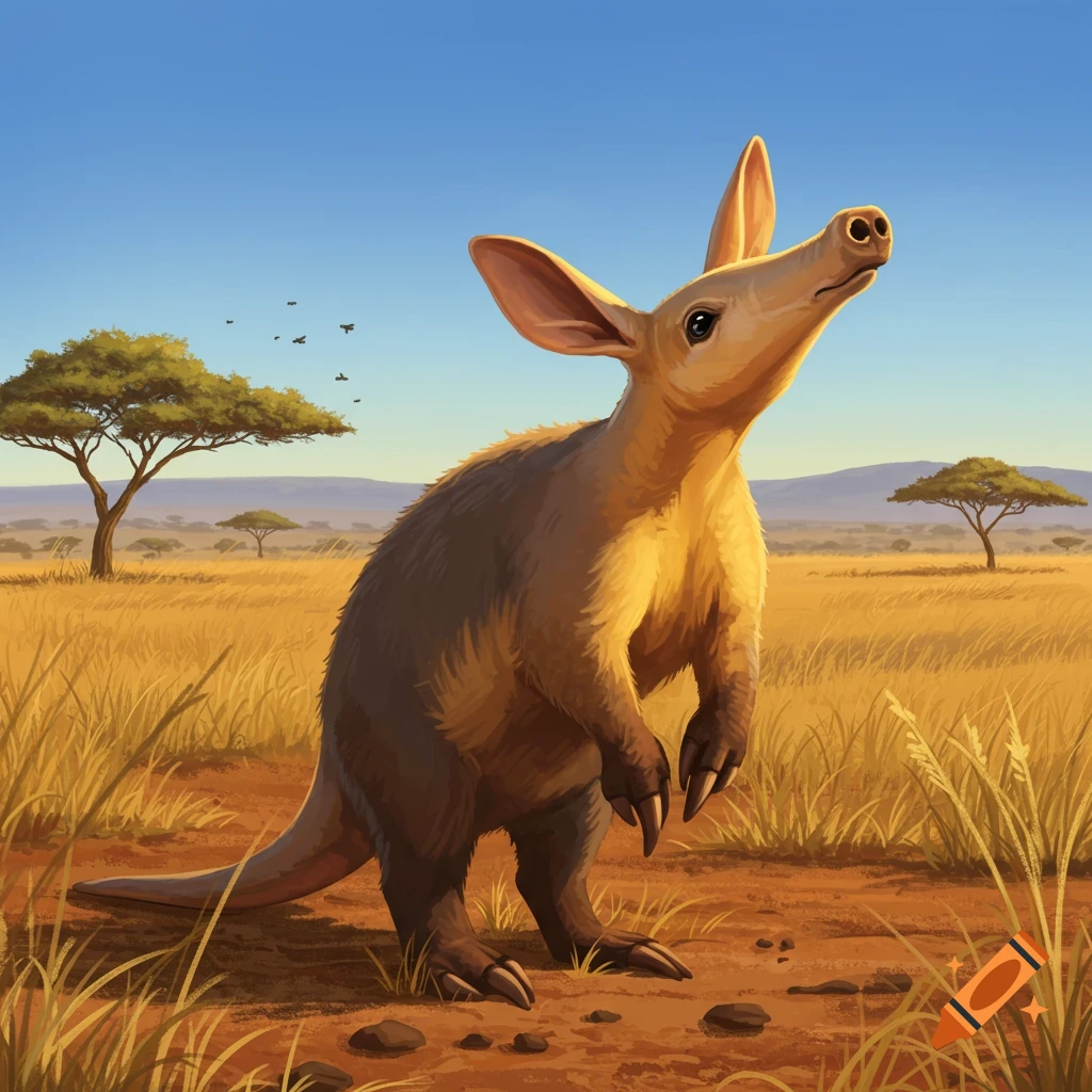 A digital illustration of a brown aardvark standing in a golden savanna under a blue sky, looking up.