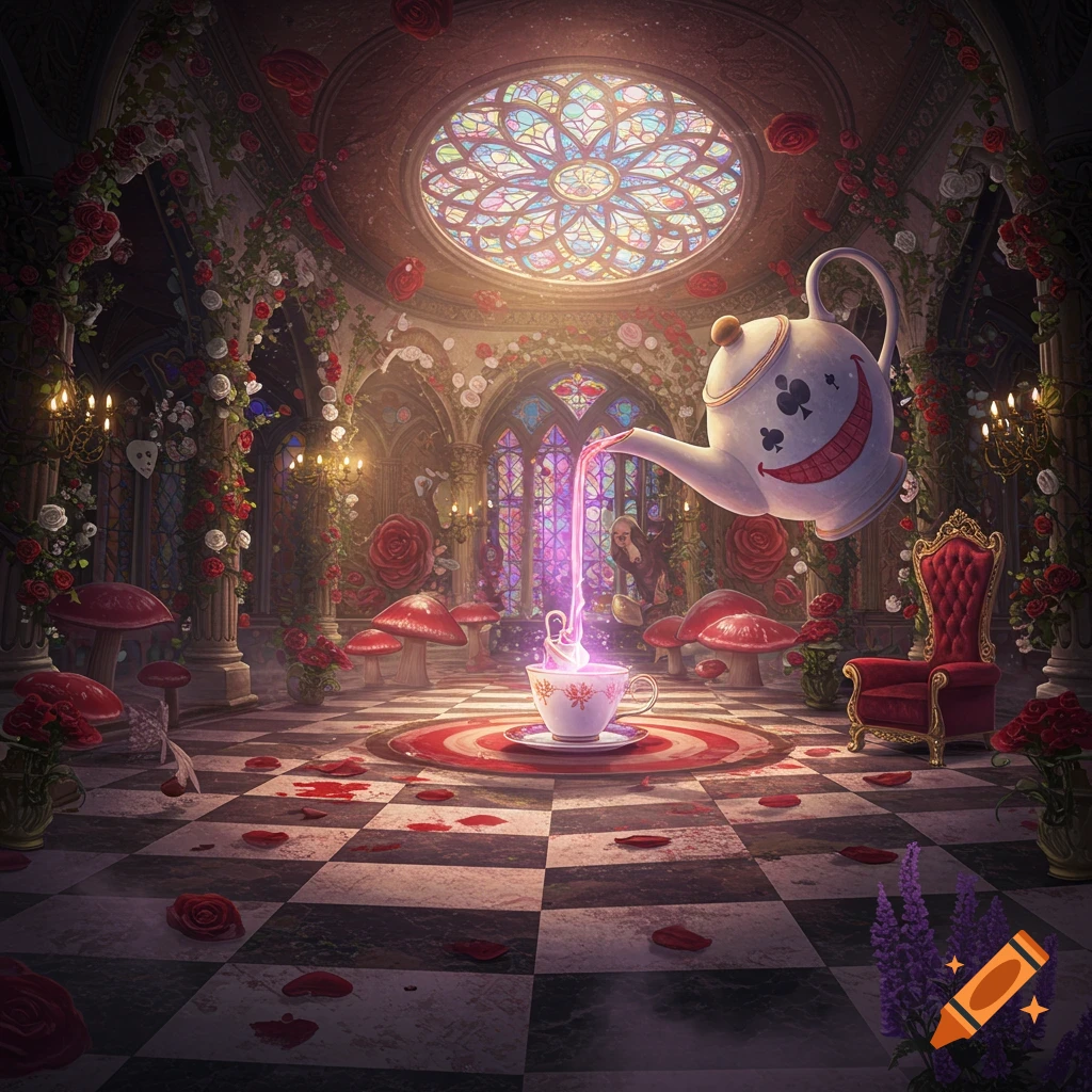 Whimsical Alice in Wonderland room: checkered floor, red mushrooms, roses, and a floating teapot pouring glowing liquid.