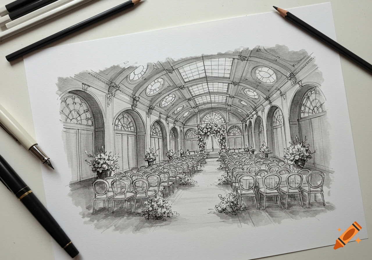 A detailed black and white sketch of a grand wedding venue with rows of chairs and a floral arch, on a paper with pencils and a pen.