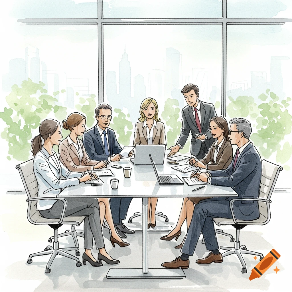 Watercolor sketch of business people in a meeting around a table in an office with a city skyline outside.