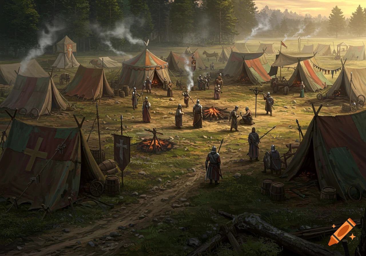 A medieval military camp at dusk, with many tents, campfires, and armored soldiers in a grassy field surrounded by trees.