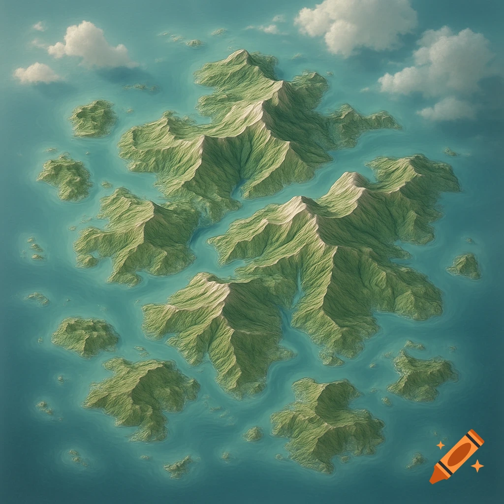 Aerial view of a green, mountainous archipelago in teal water under a cloudy sky, resembling a stylized height map.