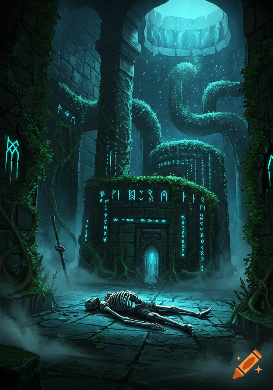 A skeleton lies on the floor of a glowing, overgrown, stone labyrinth adorned with mysterious runes in a dark fantasy art style.