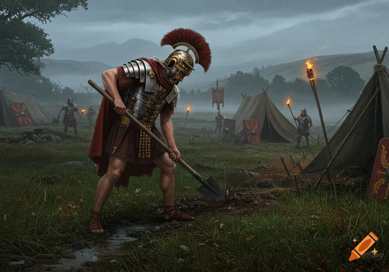 A Roman legionary in full armor digs with a shovel in a muddy, rainy camp with tents, torches, and other soldiers in the background. Photorealistic digital art.