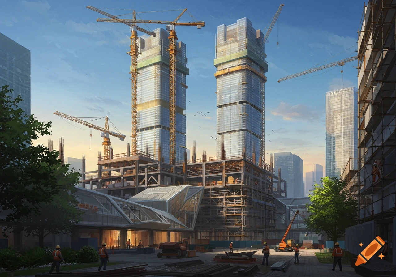 A detailed illustration of a large urban construction site with two prominent skyscrapers, multiple cranes, and workers.