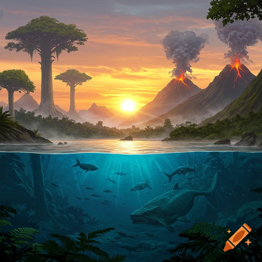A prehistoric landscape with erupting volcanoes, giant trees, and a sunset over water, showing ancient marine life including a large mosasaur underwater.