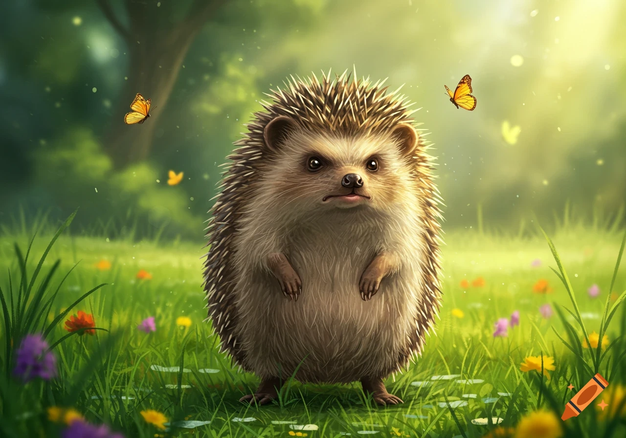 An angry hedgehog stands in a bright green field filled with colorful flowers and butterflies.
