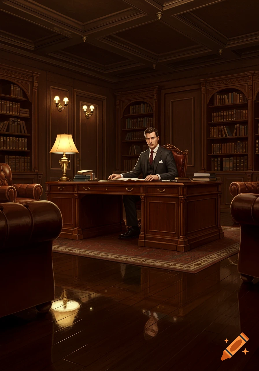 A formally dressed man sits at a large wooden desk in a rich, classic office with dark wood paneling, bookshelves, and leather armchairs.