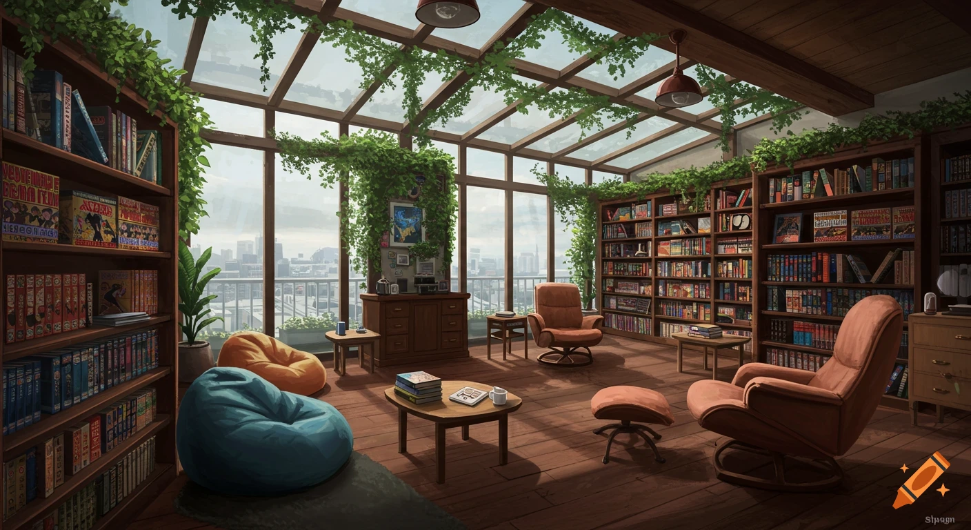 A cozy library within a glass winter garden, filled with bookshelves, armchairs, bean bags, and plants, overlooking a city.
