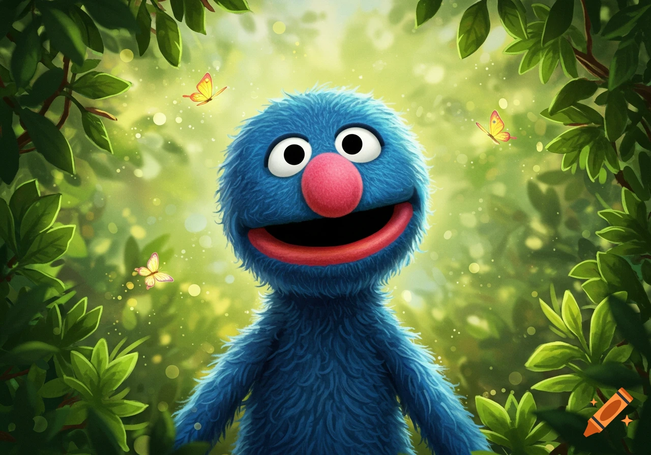 Grover, a blue furry monster, smiles happily amidst lush green foliage and glowing butterflies in a magical forest.