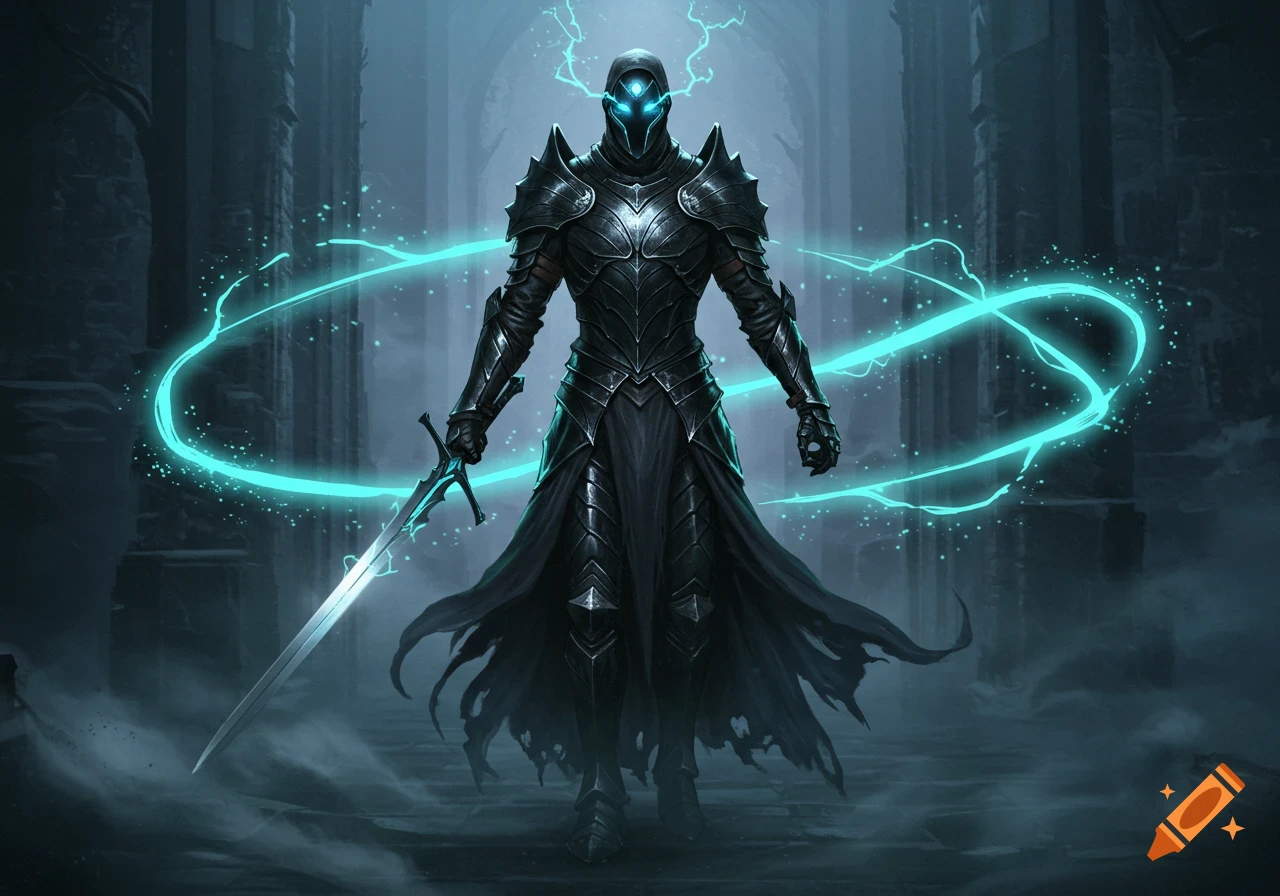 Dark armored knight with glowing blue eyes and energy, holding a sword in a ruined hall, fantasy art style.