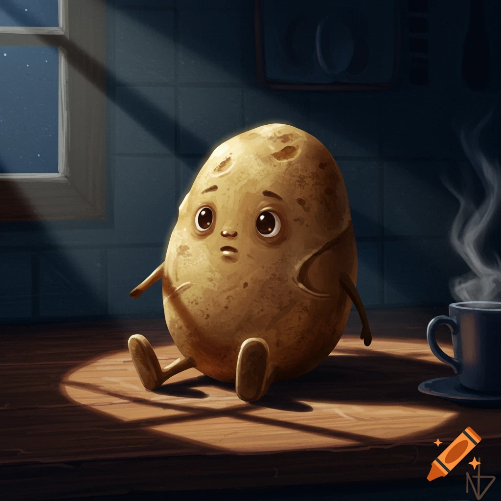 A sad anthropomorphic potato sits on a moonlit kitchen counter next to a steaming cup, in a cartoon style.