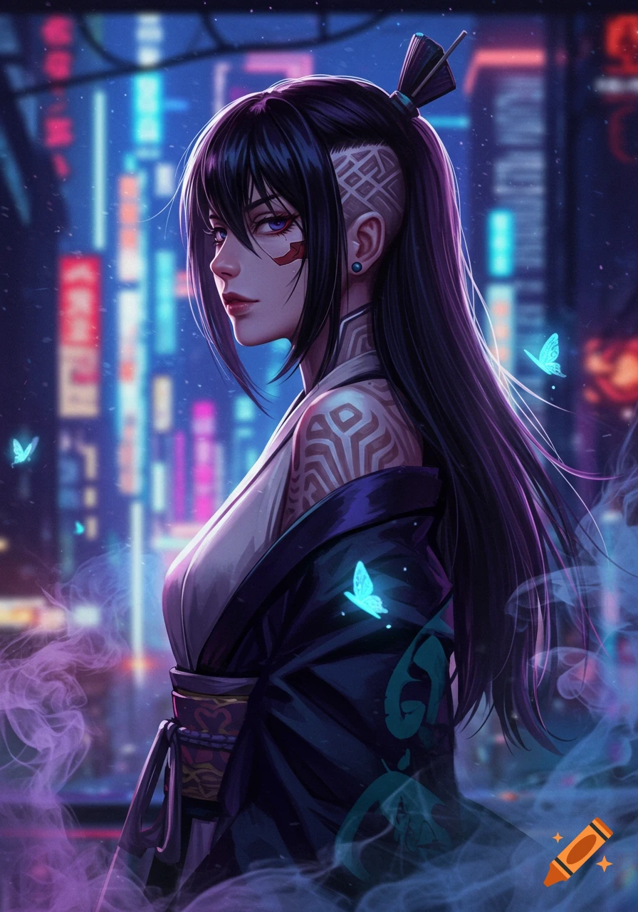 A dark-haired anime girl with a side cut and patterned tattoos, standing in a neon-lit city with glowing butterflies.