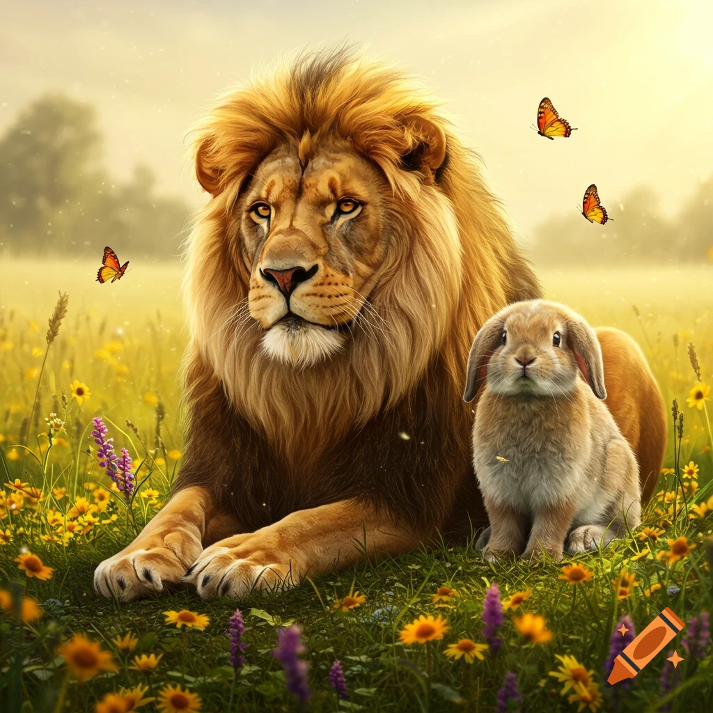 A majestic lion and a small lop-eared rabbit sit peacefully in a sunny meadow filled with wildflowers and butterflies, photorealistic.