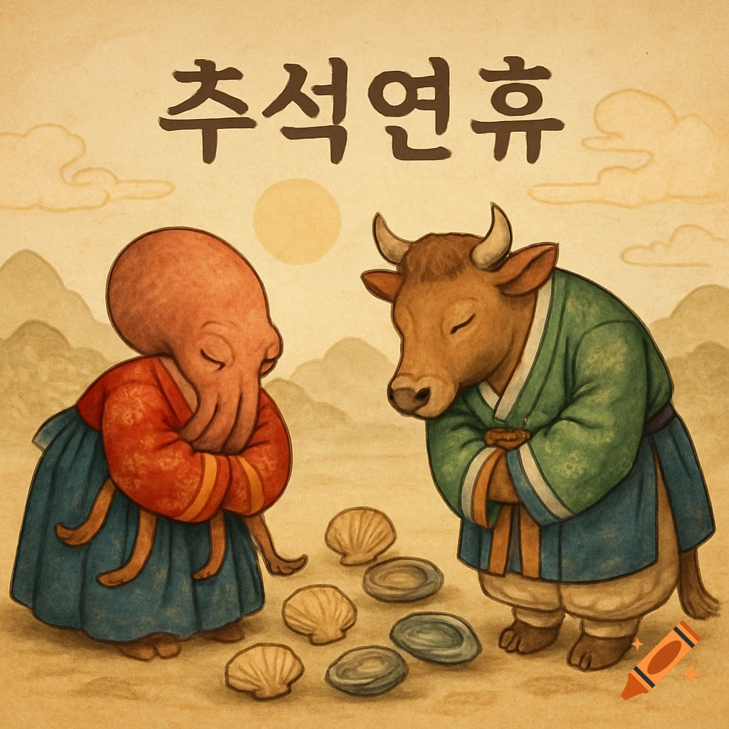An anthropomorphic octopus and cow in hanbok bow, surrounded by shells, with 'Chuseok Holiday' text, in a warm, illustrative style.