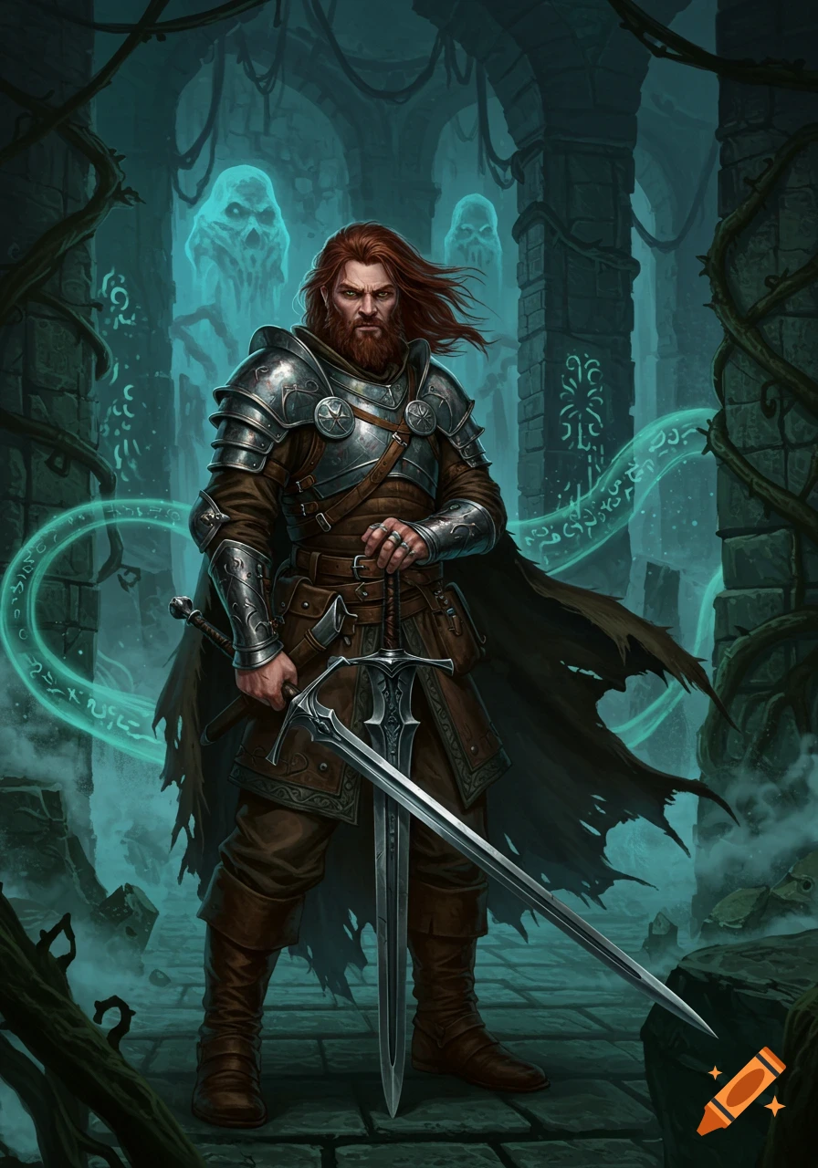 A red-haired, bearded adventurer in silver armor and a tattered cape holds a large sword in a dimly lit, eerie stone dungeon with glowing blue ghostly figures and magical glyphs.