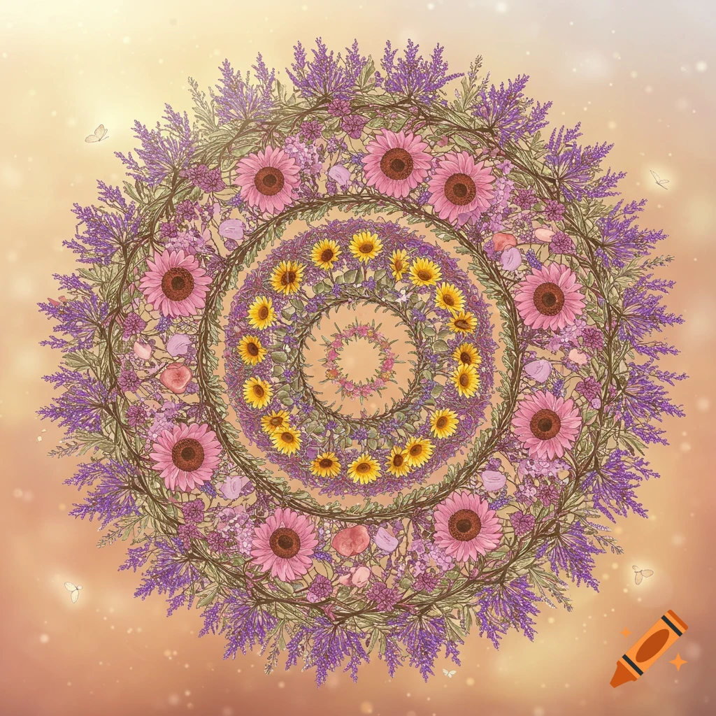 Illustrated floral mandala with concentric circles of lavender, pink daisies, and sunflowers on a warm, sparkling background with butterflies.