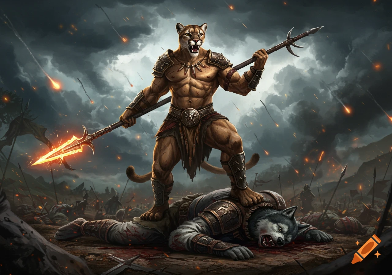 A muscular cougar warrior stands victoriously on a defeated husky warrior on a dark, stormy fantasy battlefield.