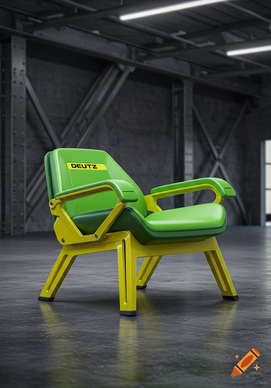 A modern green and yellow chair with "DEUTZ" on the backrest, set in a dark industrial-style room.