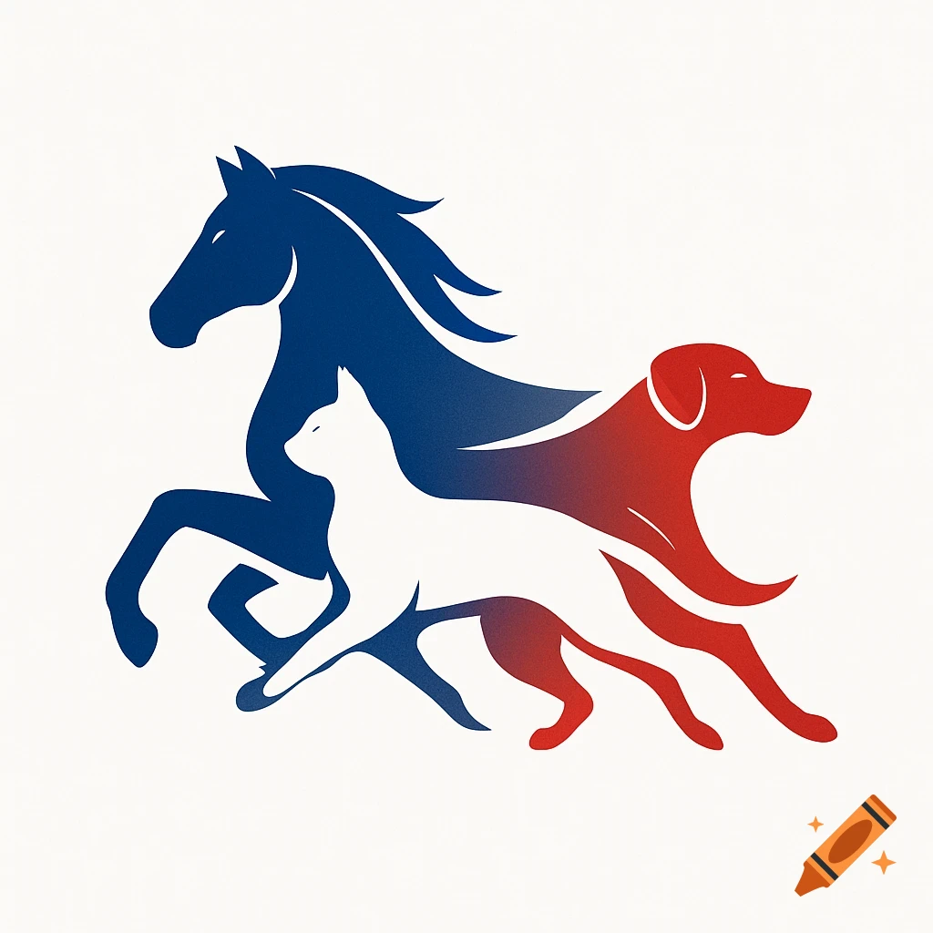 Stylized logo of a blue horse, white cat, and red dog running right on a white background.