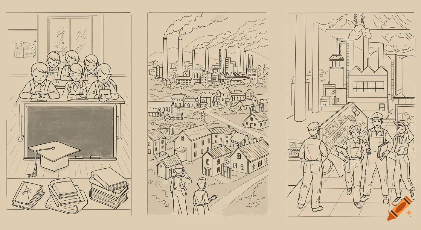 Three line drawings: Left shows students in a classroom; center depicts factories and houses; right features workers and a control panel in a factory.
