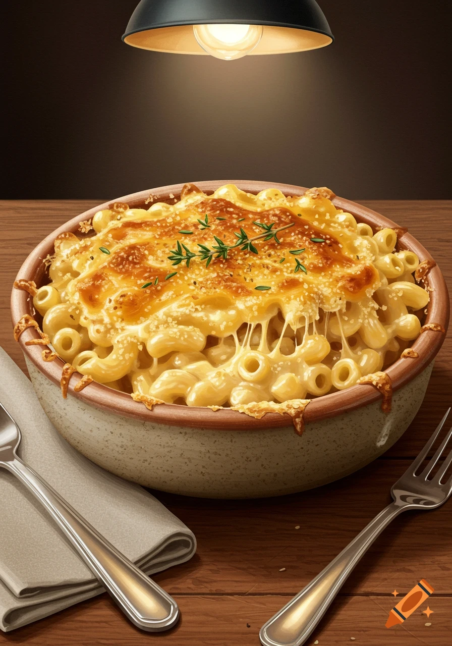 Close-up of a ceramic bowl of baked mac and cheese with a golden crust and melted cheese, served on a wooden table with cutlery under warm light.