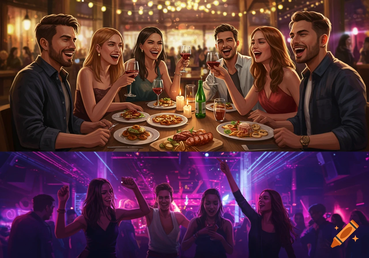 Split image of two scenes: friends laughing and dining in a warm-lit restaurant, and friends dancing in a vibrant purple-lit nightclub.
