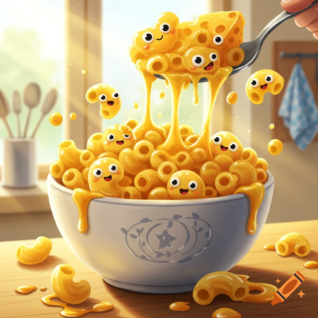 Whimsical cartoon mac and cheese with smiling faces being scooped from a bowl in a bright kitchen.