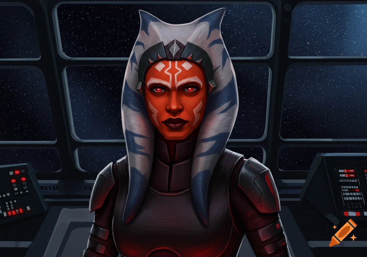 Close-up of a female Star Wars character with red skin, red eyes, and blue-white head-tails, wearing a dark armored suit in a spaceship cockpit looking into space.
