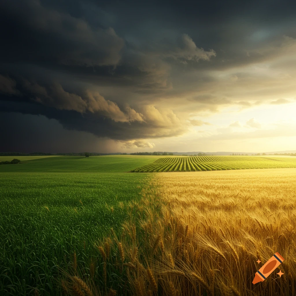 A dramatic landscape split between dark storm clouds on the left and sunlit fields of green grass and golden wheat on the right, with distant vineyards.