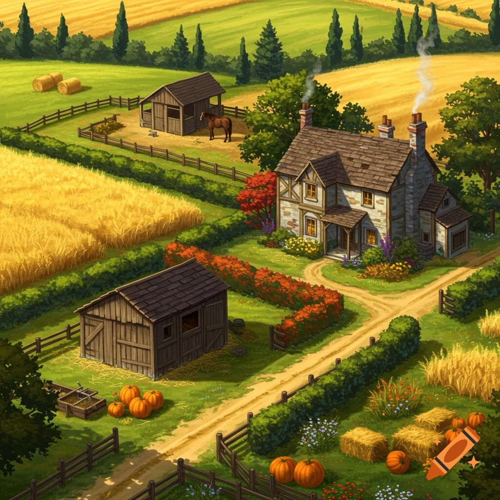 Top-down detailed illustration of an old-fashioned farm with a stone house, barns, wheat fields, a horse, hay bales, and pumpkins.