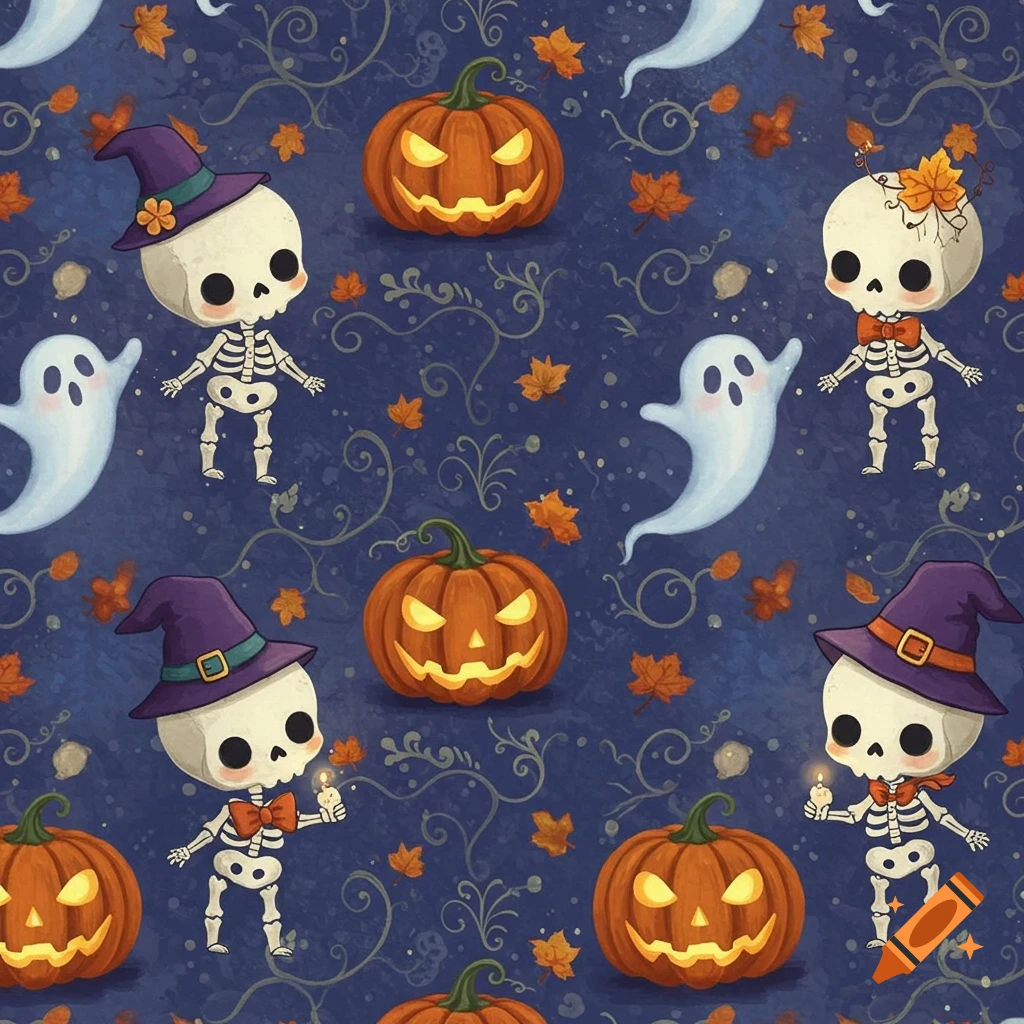 Seamless pattern of cute cartoon skeletons, glowing jack-o'-lanterns, and ghosts on a dark blue background with autumn leaves.