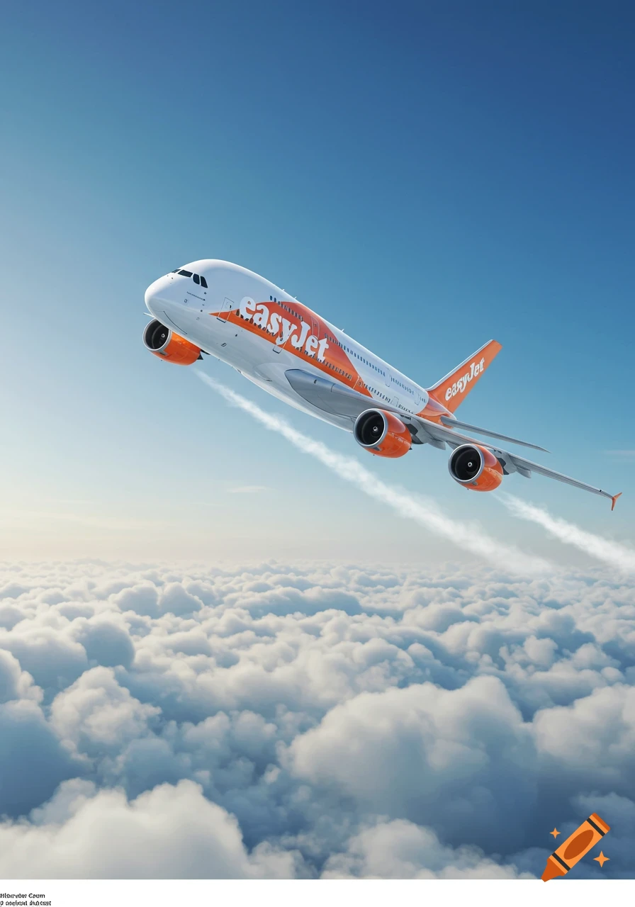 A white and orange EasyJet Airbus A380 airplane flies above a layer of fluffy white clouds in a bright blue sky, leaving contrails.