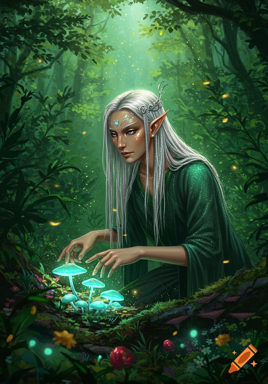 A dark-skinned elf with silver hair in a green robe gently touches glowing blue mushrooms in a magical forest. Digital painting style.
