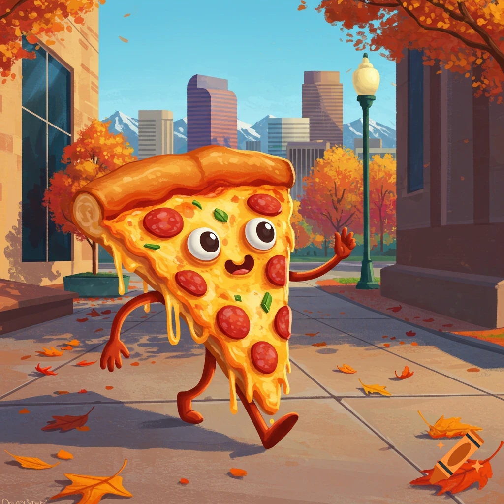 A cheerful cartoon pizza slice with a face and limbs walks on an autumn city sidewalk, waving, with buildings and mountains in the background.
