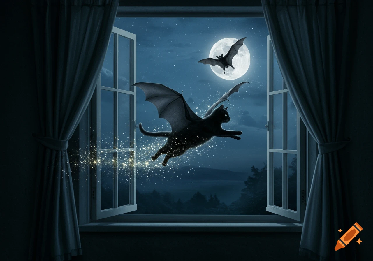 A black cat with bat wings flies out an open window at night, leaving a trail of magical sparks. A full moon and another bat are in the dark sky.