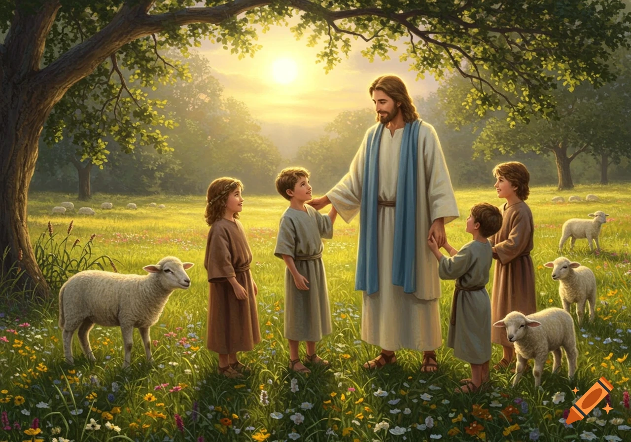 Jesus with children and sheep in a sunny, green field with trees and wildflowers, painted in a serene style.