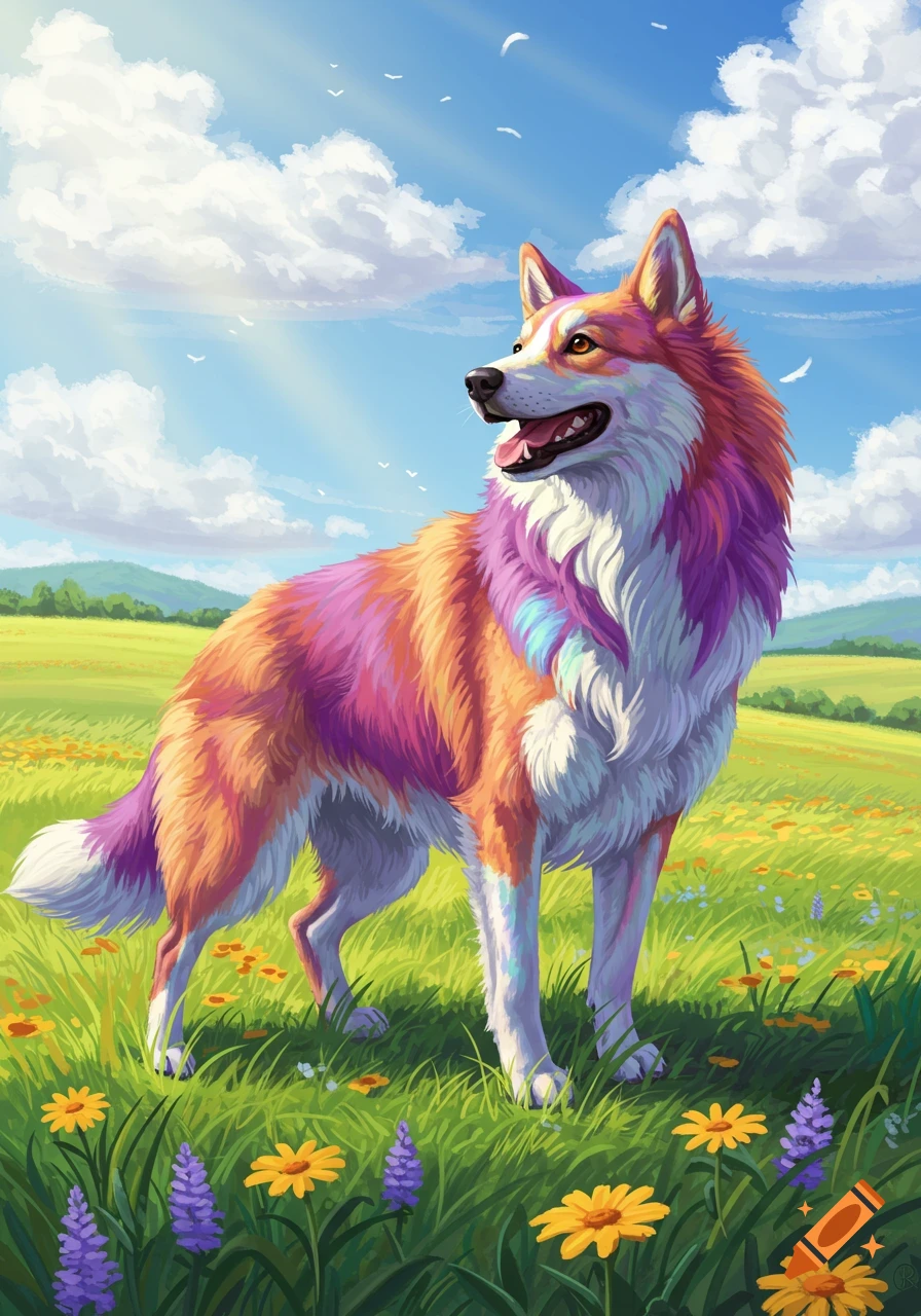 A vibrant, rainbow-colored dog stands in a sunny, green field among colorful flowers under a blue sky, digital art style.